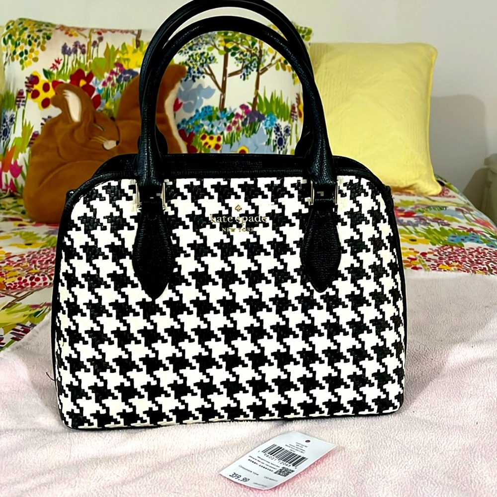 Kate Spade Darcy woven black and cream houndstooth small satchel with strap